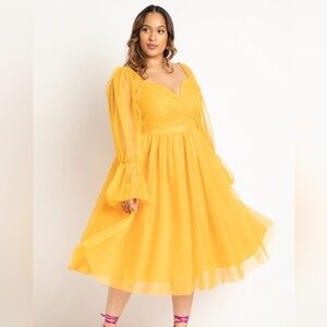 ELOQUII Tiered Puff Sleeve Dress - Golden Glow